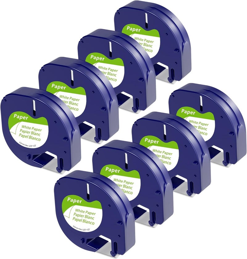 Wonfoucs 8-Pack Label Tape Replace for Dymo LetraTag White Paper Refill 1/2" x 13' 12mm x 4m Black on White LT Label Maker Tape for Dymo Letra Tag LT-100H Plus 200B LT-100T QX50 XR - Image 1